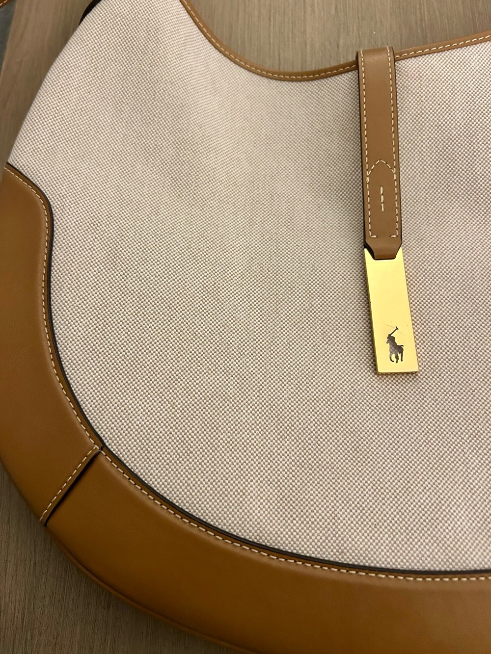 Ralph Lauren Polo ID Beige Canvas Shoulder Bag with Tan Leather Trim, like new! - Picture 6 of 8